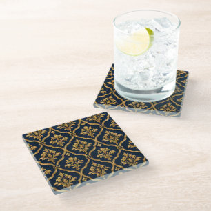 Elegant Gold and Navy Damask Vintage Motif Design Glass Coaster