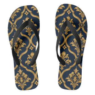 Elegant Gold and Navy Damask Vintage Motif Design Jandals
