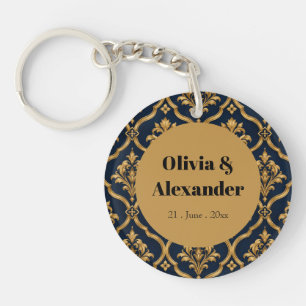 Elegant Gold and Navy Damask Vintage Motif Design Key Ring