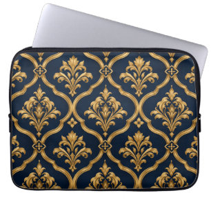 Elegant Gold and Navy Damask Vintage Motif Design Laptop Sleeve