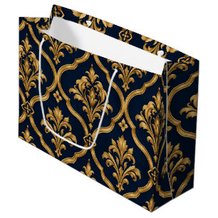 Elegant Gold and Navy Damask Vintage Motif Design Large Gift Bag