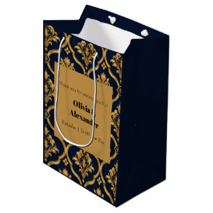 Elegant Gold and Navy Damask Vintage Motif Design Medium Gift Bag