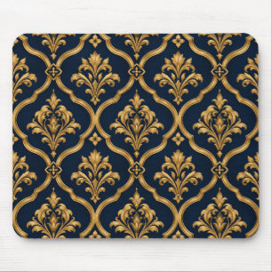 Elegant Gold and Navy Damask Vintage Motif Design Mouse Pad