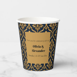Elegant Gold and Navy Damask Vintage Motif Design Paper Cups
