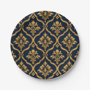 Elegant Gold and Navy Damask Vintage Motif Design Paper Plate