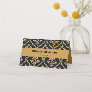 Elegant Gold and Navy Damask Vintage Motif Design Place Card