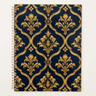 Elegant Gold and Navy Damask Vintage Motif Design Planner