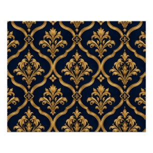 Elegant Gold and Navy Damask Vintage Motif Design Poster