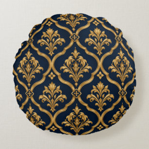 Elegant Gold and Navy Damask Vintage Motif Design Round Cushion