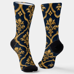 Elegant Gold and Navy Damask Vintage Motif Design Socks