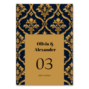 Elegant Gold and Navy Damask Vintage Motif Design Table Number