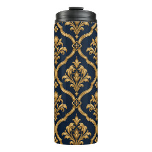 Elegant Gold and Navy Damask Vintage Motif Design Thermal Tumbler