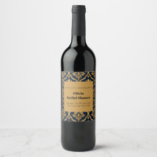 Elegant Gold and Navy Damask Vintage Motif Design Wine Label