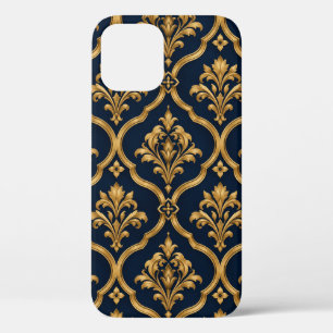 Elegant Gold and Navy Damask Vintage Motif Pattern iPhone 12 Case
