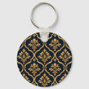 Elegant Gold and Navy Damask Vintage Motif Pattern Key Ring