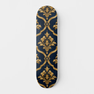 Elegant Gold and Navy Damask Vintage Motif Pattern Skateboard