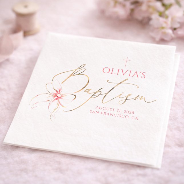 Elegant Gold and Pink Bow Girl Baptism Napkin (Pink Bow Baptism Napkins )