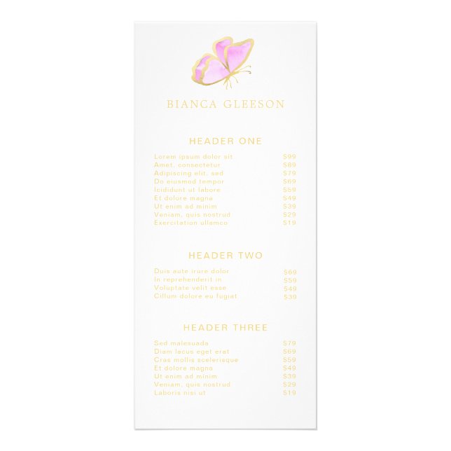 Elegant Gold and Pink Butterfly Salon Price List Rack Card (Front)