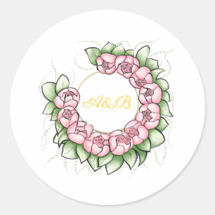 Elegant Gold and Pink Floral Wreath Favor Sticker 