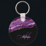 elegant gold and purple agate monogram key ring<br><div class="desc">Elegant monogram and editable script with personalised name on gold and purple girly agate.</div>