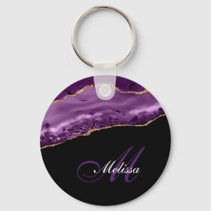 elegant gold and purple agate monogram key ring
