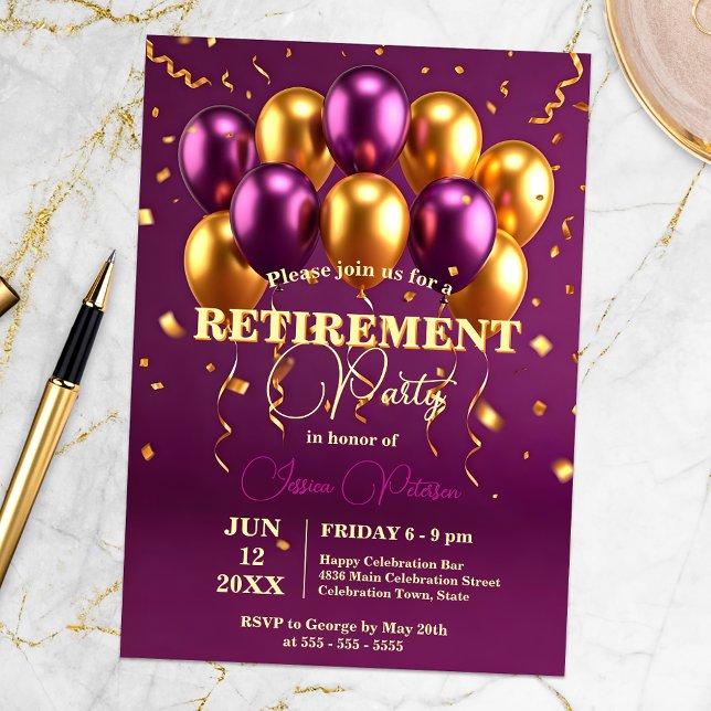 Elegant Gold and Purple Balloons Retirement Party Invitation (Creator Uploaded)