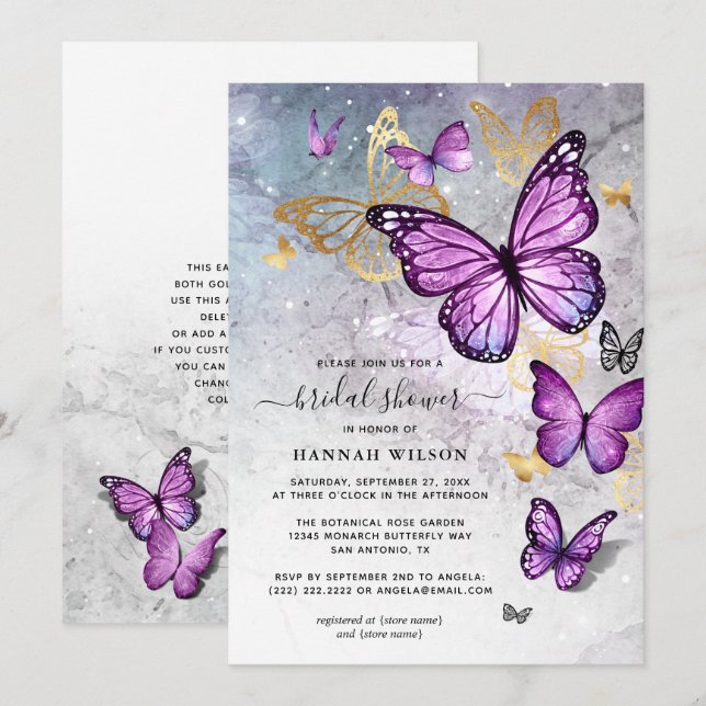 Elegant Gold and Purple Butterfly Bridal Shower Invitation (Front/Back)