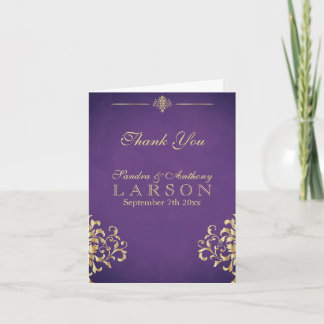 Elegant Gold and Purple Damask Wedding Thank You Card