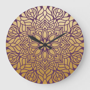 Elegant Gold and Purple Floral Mandala Large Clock