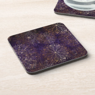 Elegant Gold and Purple Floral Mandala Pattern Coaster