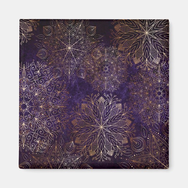 Elegant Gold and Purple Floral Mandala Pattern Magnet (Front)