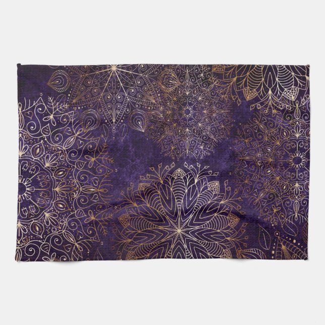 Elegant Gold and Purple Floral Mandala Pattern Tea Towel (Horizontal)