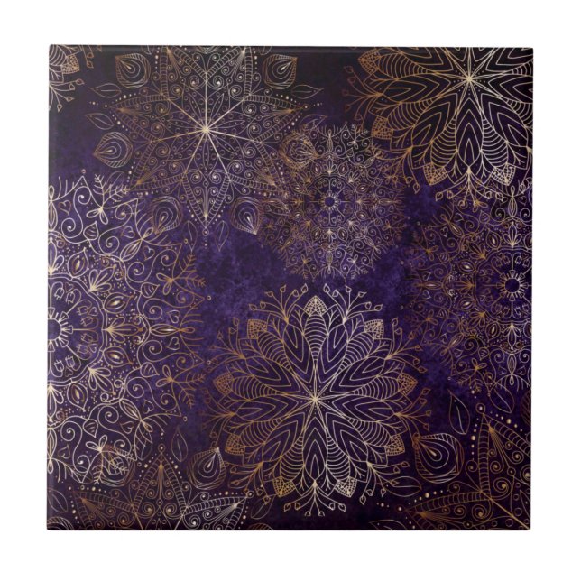 Elegant Gold and Purple Floral Mandala Pattern Tile (Front)