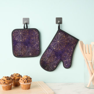 Elegant Gold and Purple Floral Mandala Pattern Wra Oven Mitt & Pot Holder Set