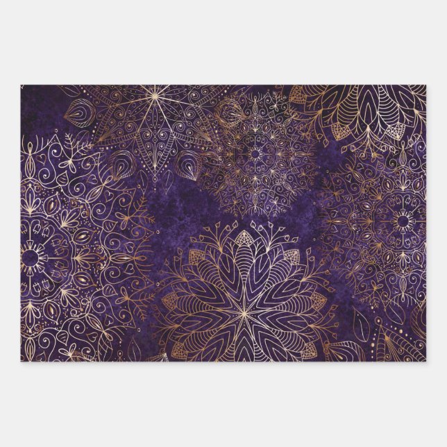 Elegant Gold and Purple Floral Mandala Pattern Wra Wrapping Paper Sheet (Front)
