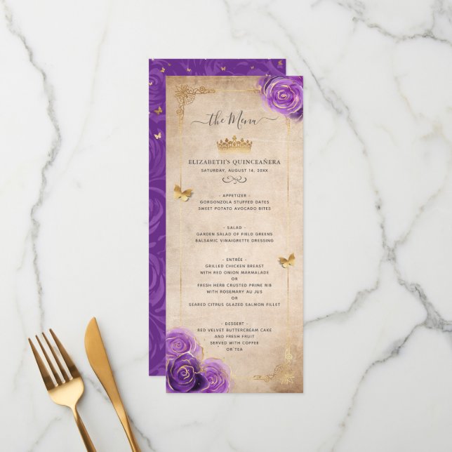 Elegant Gold and Purple Roses Watercolor Floral Menu (Front/Back In Situ)