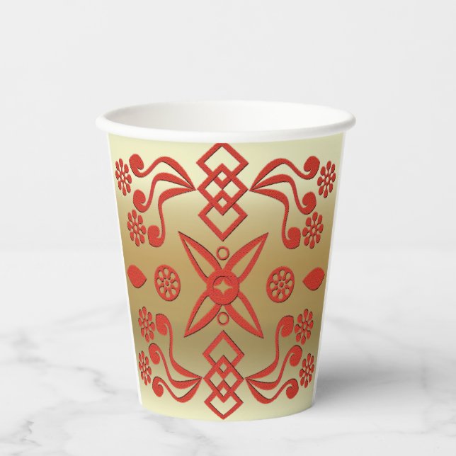 Elegant gold and red abstract design paper cups (Front)