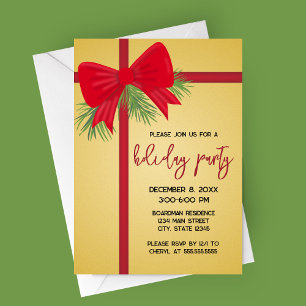 Elegant Gold and Red Bow Holiday Party Invitation