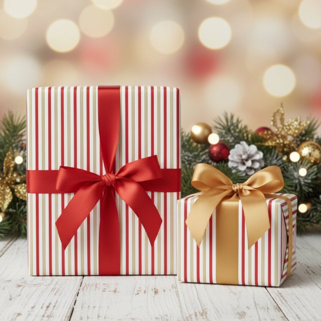 Elegant Gold and Red Candy Cane Pinstripe Pattern Wrapping Paper (Elegant Gold & Red Pinstripe Pattern Christmas Wrapping Paper. Modern Thin Red & Gold Lines Stripes)