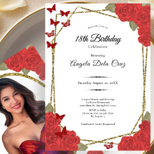 Elegant Gold and Red Roses 18th Birthday Debut Invitation