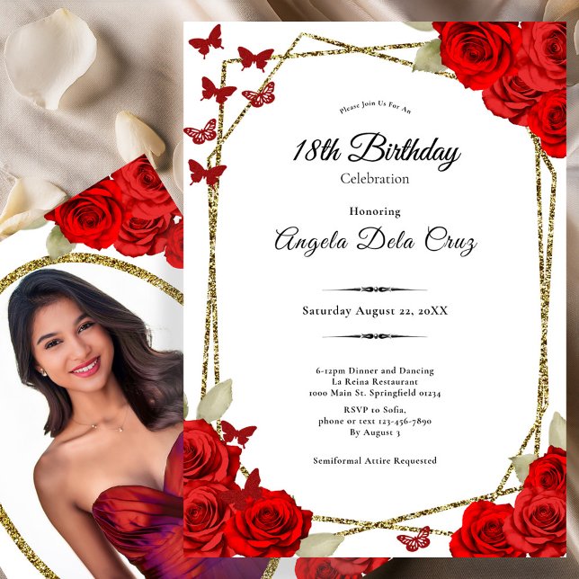 Elegant Gold and Red Roses 18th Birthday Debut Invitation (Creator Uploaded)
