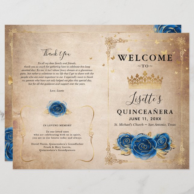 Elegant Gold and Royal Blue Quinceanera Program (Front/Back)