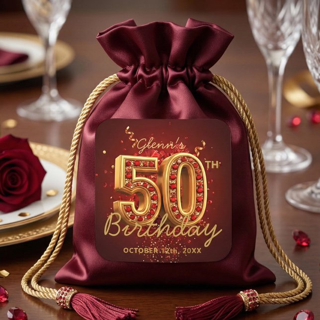 Elegant Gold and Ruby Red 50th Birthday Party Square Sticker (Creator Uploaded)