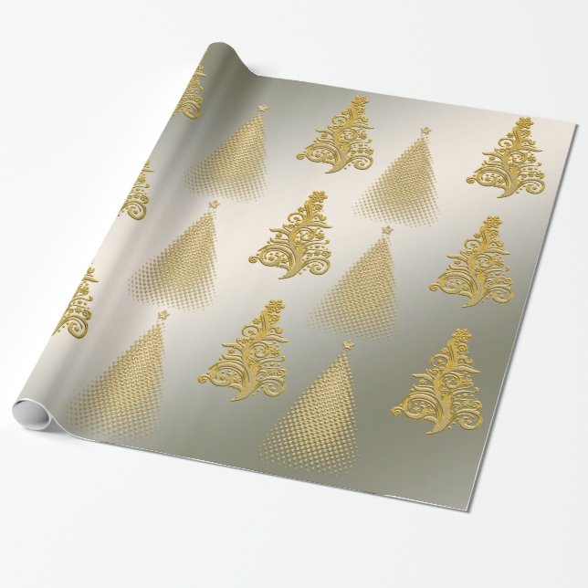 Elegant Gold and Silver Christmas Tree Wrapping Paper (Unrolled)