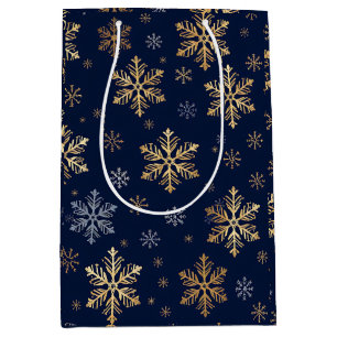 Elegant Gold and Silver Snowflakes on Navy Blue Gi Medium Gift Bag