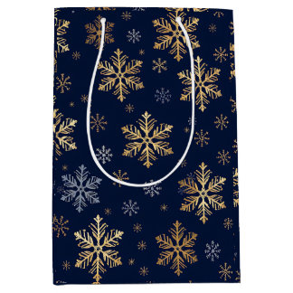 Elegant Gold and Silver Snowflakes on Navy Blue Gi Medium Gift Bag