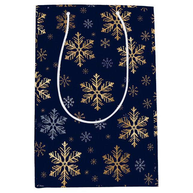 Elegant Gold and Silver Snowflakes on Navy Blue Gi Medium Gift Bag (Front)