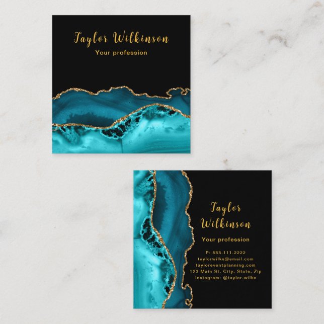 Elegant Gold and Teal Blue Agate Square Business Card (Front/Back)
