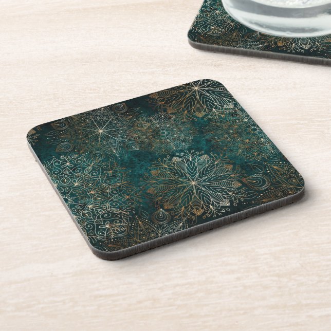 Elegant Gold and Teal Green Floral Mandala Pattern Coaster (Left Side)