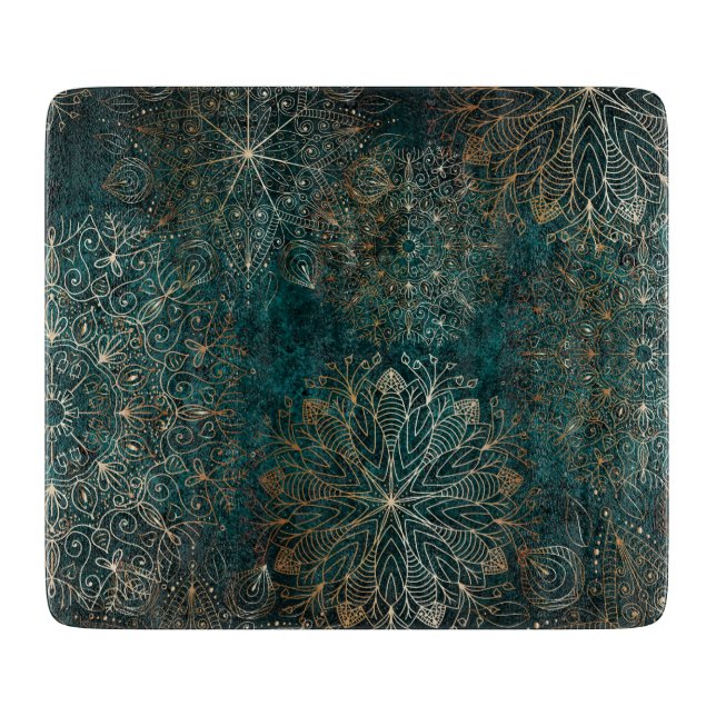 Elegant Gold and Teal Green Floral Mandala Pattern Cutting Board (Front)